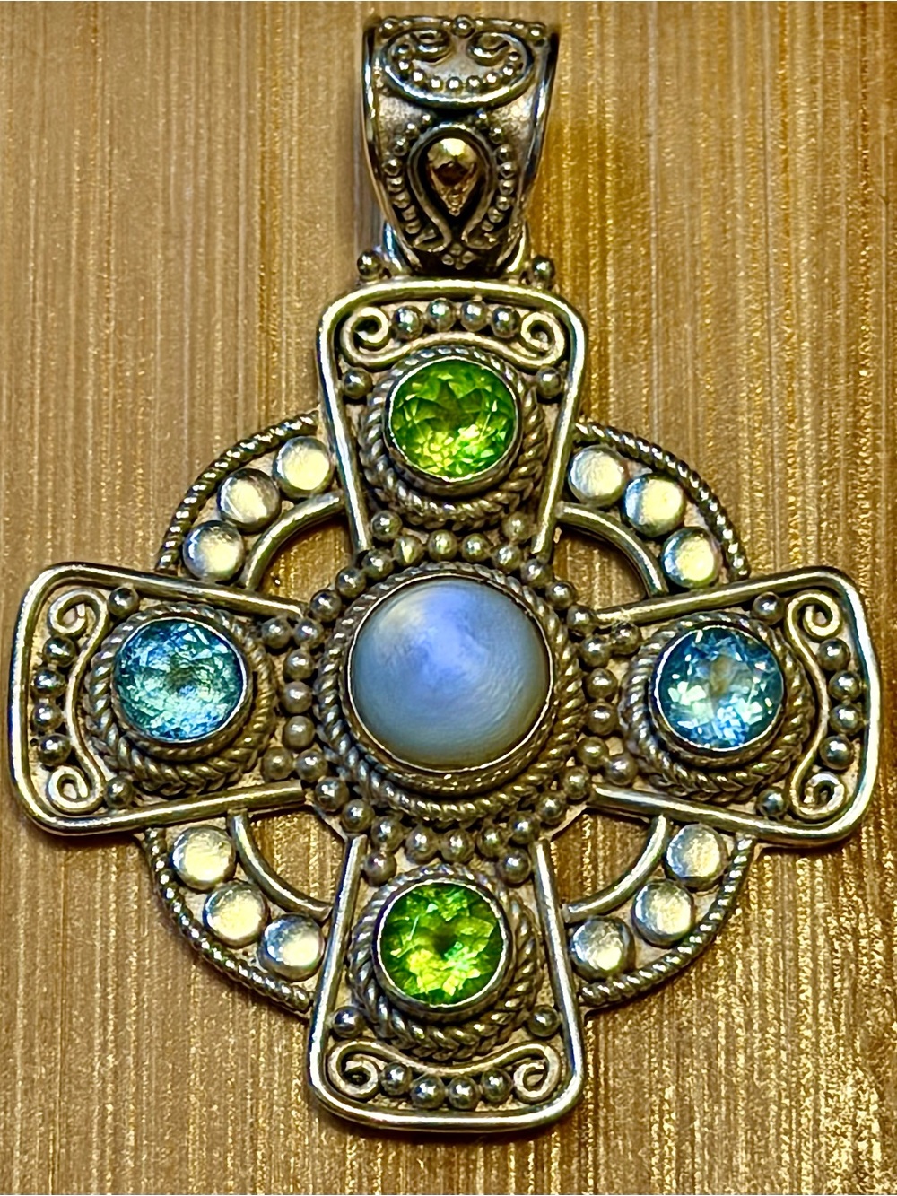Sterling Silver Cross Pendant w/ Peridot, London Blue Topaz and Moonstone